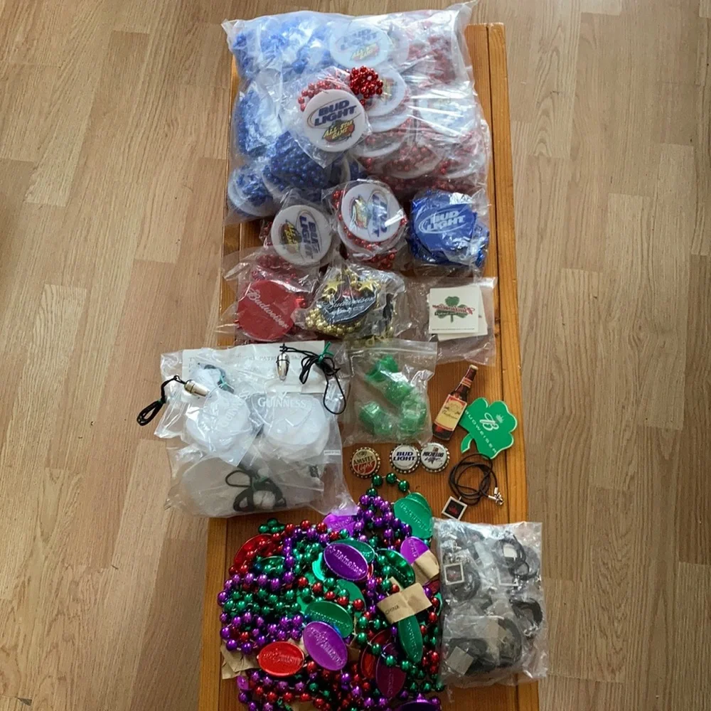 LRG LOT BUDWEISER HEINEKEN GUINESS beer Mardi gra beads pins NECKLACES & more